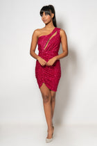 Sequin evening dress with an off-shoulder, asymmetrical hemline, and ruched skirt Fuchsia