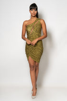 Sequin evening dress with an off-shoulder, asymmetrical hemline, and ruched skirt Olive